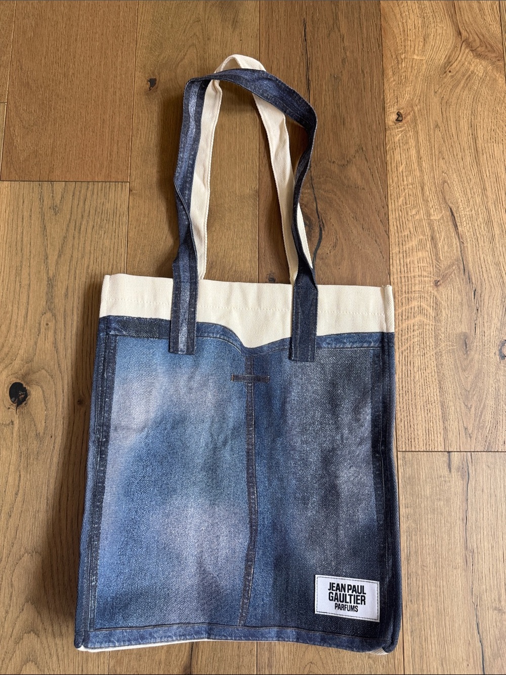 New Jean Paul Gaultier Parfums Blue and Cream Tote Bag Denim Look JPG